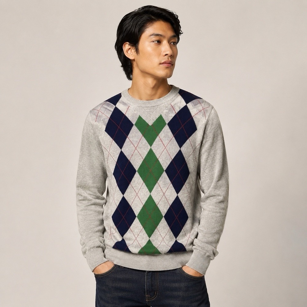 American Eagle Outfitters Fall Sweater Mens M Gray Argyle Cotton Preppy Y2K AEO